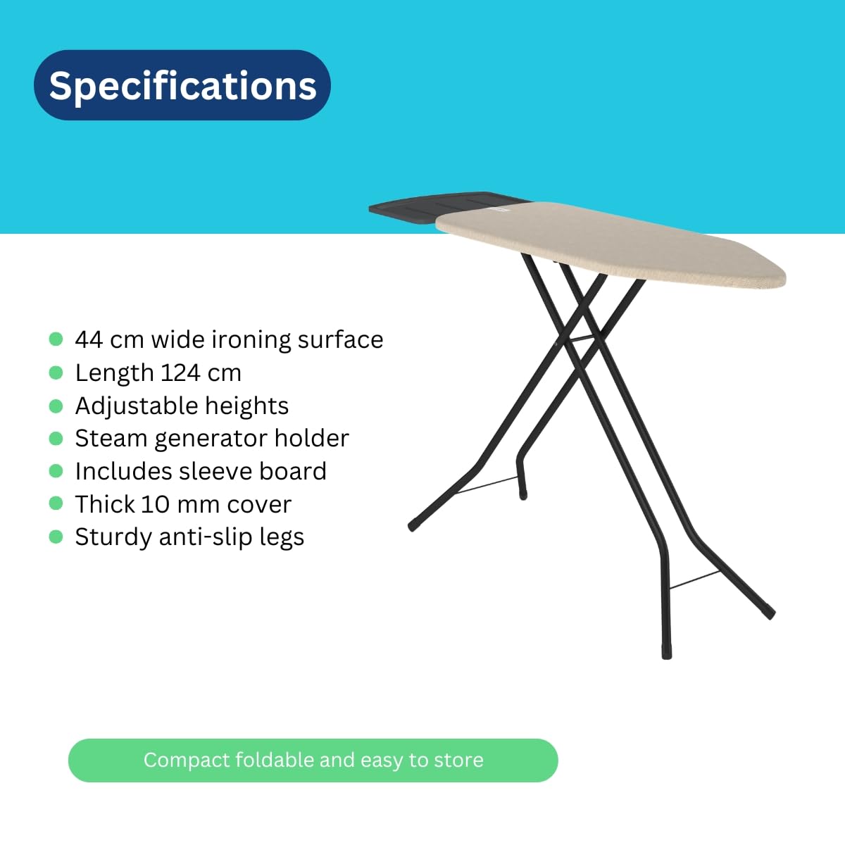 bügelbrett – Extra breites Bügelbrett für Dampfgenerator – 124x44 cm – Robust und stabil – Höhenverstellbar – Luxuriöses Bügelerlebnis – Farbe: Dust Beige
