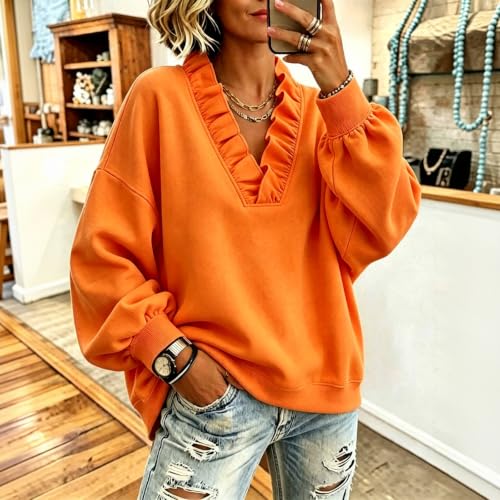 Elneeya Womens Oversized Sweatshirt Vneck Ruffled Vintage Fall Sweatshirt - image 2