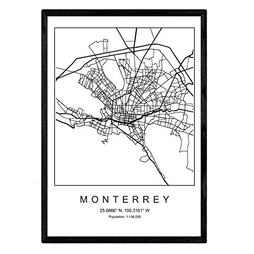 Nacnic Lámina Mapa de la Ciudad Monterrey Estilo nordico en Blanco y Negro. Poster tamaño A3 Sin Marco Impreso Papel 250 gr. Cuadros, láminas y Posters para Salon y Dormitorio