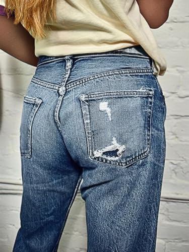 Flamingals Women's Straight Leg Mid Waist Casual Ripped Cropped Jeans for Women Destroyed Roll Hem Denim Jeans3