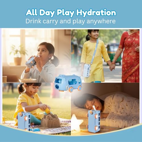 Image of Toy Imagine Kids Water Bottle with Strap & Sipper | Leakproof BPA-Free Tritan Plastic Bottle with One-Press Button Lock 2-in-1 Water Bottle & Playing Bus Toy for School & Travel(500 ml) Gift for Kids