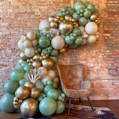 Image of Sage Green Gold Balloons, 55 PCS 12 Inch Retro Green White Metallic Gold Confetti Balloon, Olive Green Balloon for Birthday Baby Shower Engagement Wedding Anniversary Graduation Party Decoration