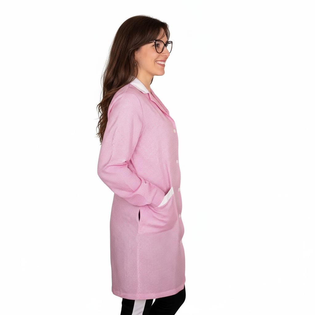 Camice da Lavoro Donna, Motivi a Quadretti e Righe, Tasche Frontali, Colletto Bianco, Disponibile in 5 Colori