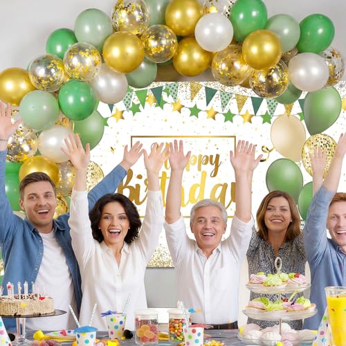 Image of Tatuo Sage Green Birthday Confetti Balloons Kit Set Photography Backdrop Banner Package for Boys Girls Men Women Birthday Party Decorations Supplies Rustic Boho Favors (Green and Gold)
