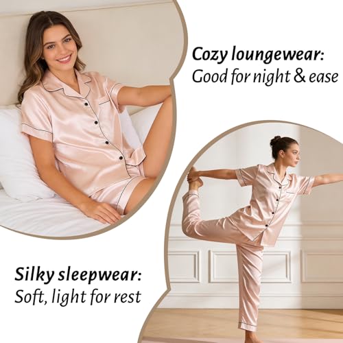 Image of 3 Piece Silk Satin Pajama Set for Women Soft Short Sleeve Button Down Pjs with Shorts Long Pants Sleepwear S-XXXL