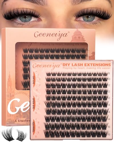 Geeneiya Fluffy Lash Clusters 8-16mm Natural 3D Fluffy Effect Eyelash Clusters C Curl DIY Cluster Eyelash Extensions for Salon-Like Lashes at Home