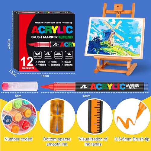 Image of Acrylic Paint Markers, Soft Brush Tip Pens and Markers, Acrylic Paint Pens for Wood, Stone, Canvas, Glass, Fabric, Egg, Rock Painting and DIY Craft Art Supplies (12)