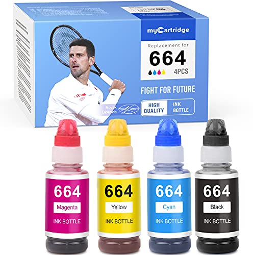 MYCARTRIDGE Compatible Ink Bottle Replacement for Epson 664 T664 Refill for Expression ET-2650 ET-2550 ET-2600 Workforce ET-4500 ET-4550 ET-16500 (Black, Cyan, Magenta, Yellow, 4-Pack)