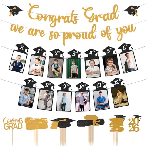 Image of Glitter Black Gold Graduation Photo Banner for 2026 Graduation Party Decorations Congrats Grad We are So Proud of You Banner Kindergarten to 12th Grade Picture Banner for 2026 High School Grad Congratulation Party Backdrop Decorations Photo Props