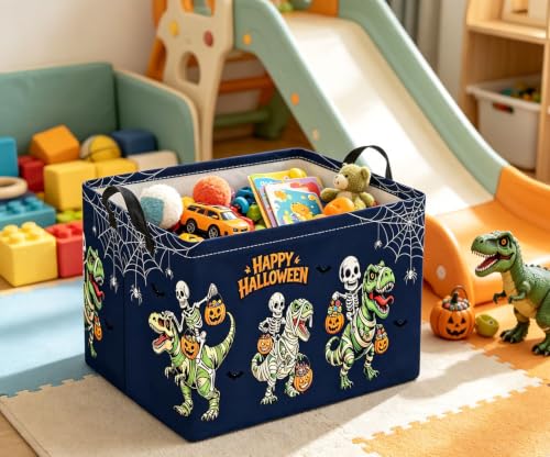 Image of Halloween Basket Cute Baskets for Kids Pumpkin Basket Rectangular Storage Bin Organizer Box Room Decor(Blue Halloween Dinosaur)