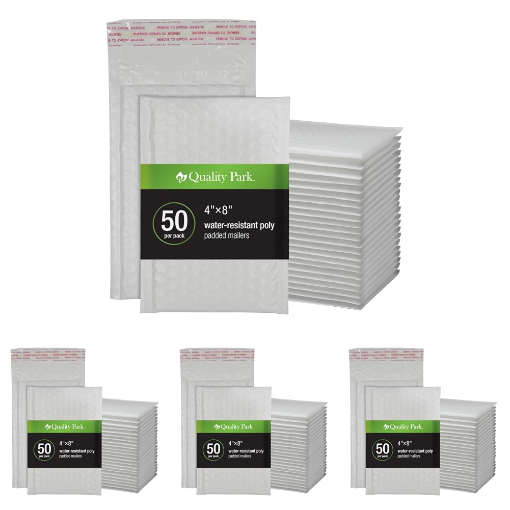 Quality Park Bubble Mailers,Shipping Envelopes, Self-Seal, Durable White Padded Envelopes, Redi-Strip Peel Off Closure, 50 Per Box (QUA85929), 4 x 8 (Pack of 4)