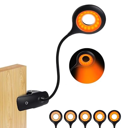 Clip On Reading Light for Bed Headboard - Rechargeable 16 LED Amber Book Light, 5 Brightness Desk Light Clamp Lamp, Touch Control Dimmable Reading Lamp with Flexible Neck, Gentle Night Light for Kids