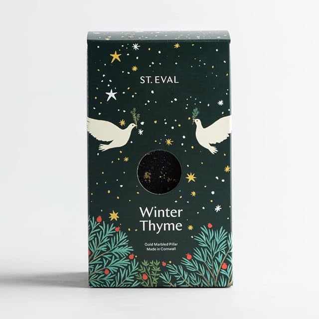 St Eval - Winter Thyme Scented, Gold & Green Marbled Pillar Candle, A Beautiful Blend of Rosemary, Thyme and Winter Wood Notes, Made in Cornwall