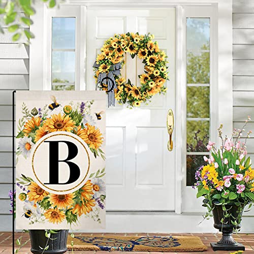 Monogram Letter B Garden Flag Summer Sunflower 12X18 Vertical Double Sided Spring Floral Bee Outside Decorations Small Burlap Family Last Name Initial Yard Flag #TOP1