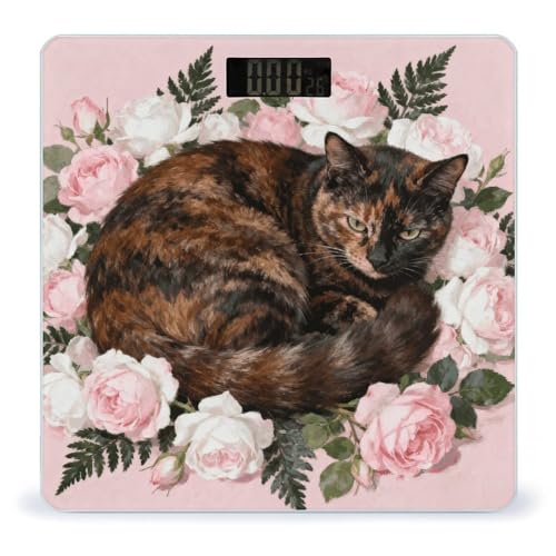 Báscula digital para baño con diseño de gato y rosas miniatura 1