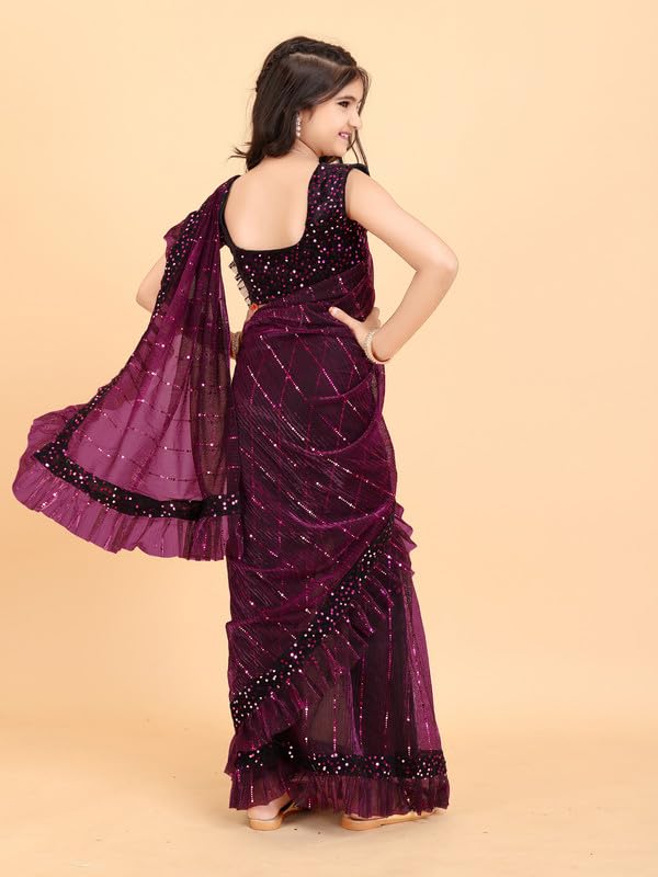 Image of Kids Supernet Tikli Work Ready to Wear Saree with Unstitched Blouse Piece | Traditional Ethnic Saree for Girls | Pre Stitched Festive Dress for School Function, Cultural Events & Wedding