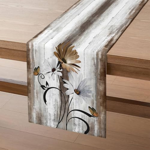Tischläufer Braun Blume Deko Tischläufer Sommer 40 x 140 cm Vintage Küche Tisch Dekoration Abwaschbar für Hochzeitsfeier Babyparty Geburtstag Heimdekoration Feiertagsdekoration