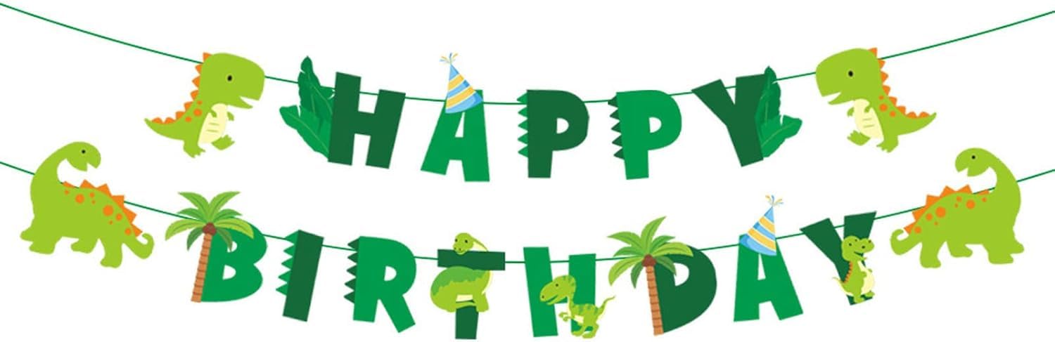 Dinosaur Birthday Banner, Dino Theme Party Decorations for Kids Party, Premium Cardstock Happy Birthday Banner with Dino & Palm Tree Designs (Green Dino) — image 1