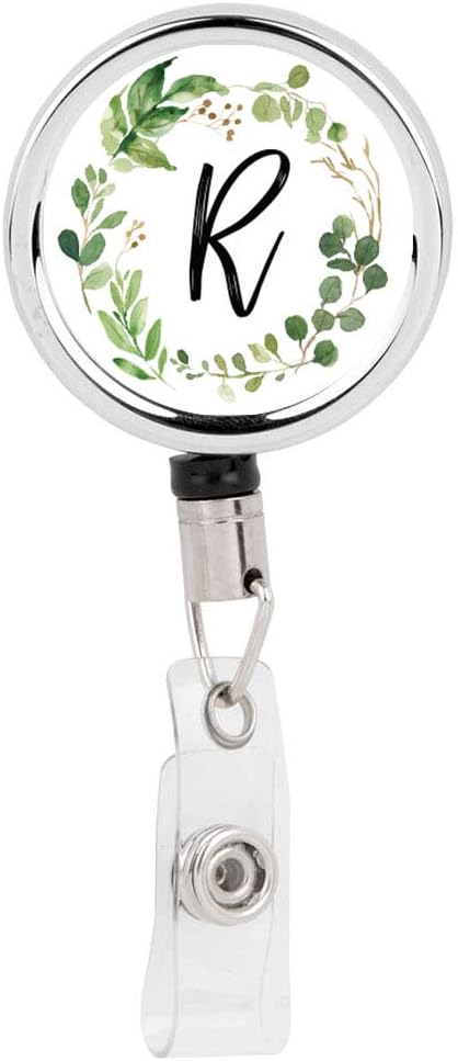 Andaz Press Retractable Badge Reel Holder with Clip, Heavy Duty Metal Name Tag Retractable ID Key Belt Clip Eucalyptus Greenery Monogram, Floral Monogram R