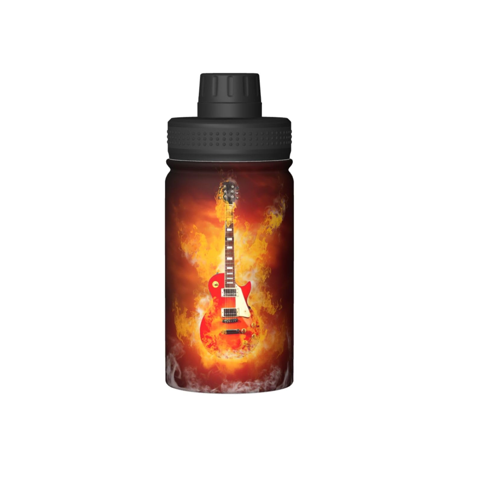 Isolierte Metall-Wasserflasche, Motiv: Rock-Gitarre im brennenden Druck, 340 ml, Edelstahl, hält kalt und heiß