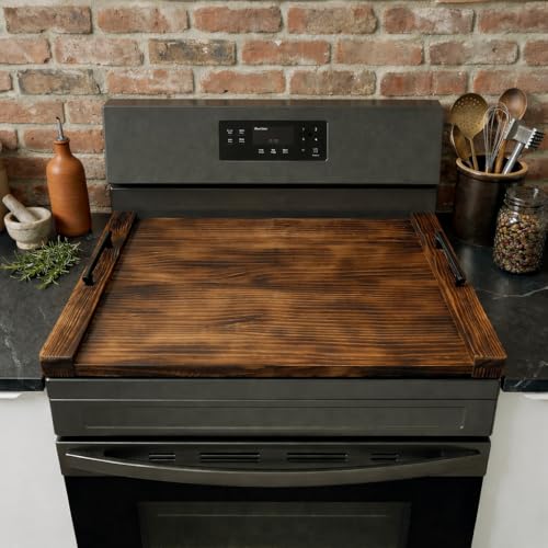 HAOIOKSC Noodle Board Stove Cover 30 x 22 Inch Wooden Stove Top Cover with Handles Pine Wood Stovetop Cover with Cross-Grain Dovetail Design for Extra Counter Space Brown