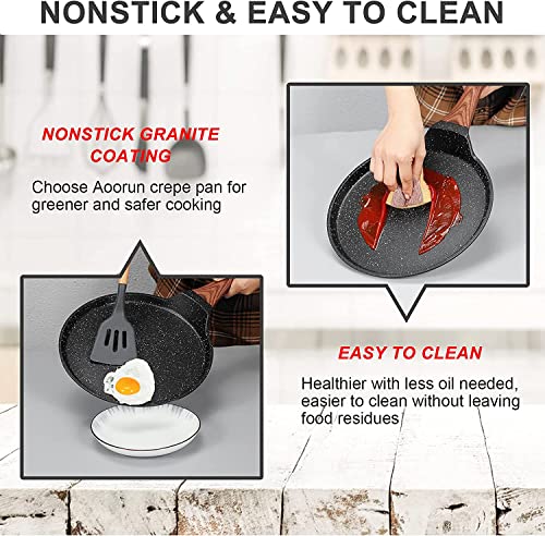 Aoorun Crepe Pan, Pancake Pan, Dosa Tawa Pan Nonstick Flat Griddle Frying Skillet Pan With Granite Coating & Solid Wood Handle For Omelette, Tortillas, Induction Compatible, 10 Inch #TOP2
