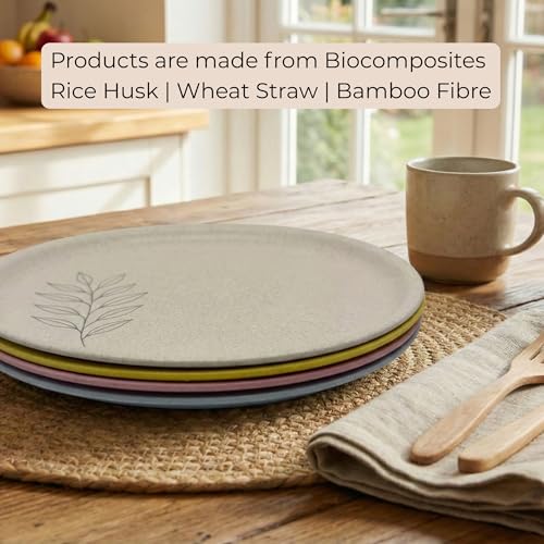 Image of Happy Cove Eco-Friendly Dinner Plate Set of 4, 10 Inch with Engraving Design | Biocomposite Rice Husk & Bamboo Fibre Serving Plates | Unbreakable, Microwave Safe, Oven Plate | Multicolour