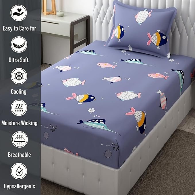 Image of RD FABS Glace Cotton Wrinkle Free Soft Hypoallergenic Bed Sheet | Cartoon Printed Single Bedsheet for Kids with One Pillow Cover (60X90 Inches /Fish /Blue), 144 tc