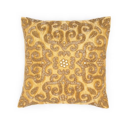 Lightnpro Handmade Gold Beaded Pillow Cover - 16x16 Inch, Decorative Elegant Sparkle Cushion for Sofa, Couch, Bed and Living Room Décor - Cover Only (1 Pack)