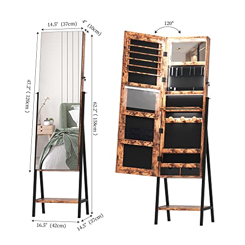 Ylued 47.2”H Full Length Mirror With Jewelry Storage Led Lighted Mirror Jewelry Cabinet Armoire, Standing Lockable Jewelry Organizer W/3-Color Lights W/Drawers (Rustic Brown) #TOP6