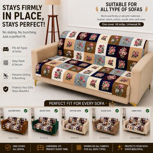 Image of Homerz Premium Printed Quilted Velvet Sofa Slip Cover Protector, Sofa Mat, Exact Size, Antislip Cover (Milan, 2 Seater, Full)