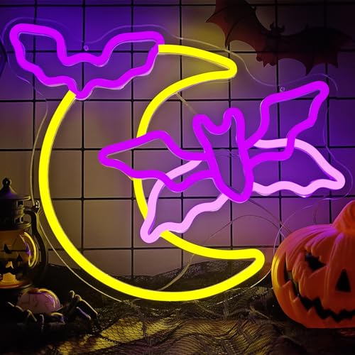 Image of Halloween Neon Sign Moon Flying Neon Bat Sign Led Halloween Decorations Halloween Flying Bat Lights Halloween Led Sign Gothic Neon Sign for Halloween Party Wall Decor Window