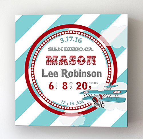 Personalized Stretched Canvas Birth Announcement Gift, Custom Baby Name, Date, Weight Stats, Newborn Airplane Nursery Wall Art Decor, Wooden Frame Construction, Ready to Hang 24X24
