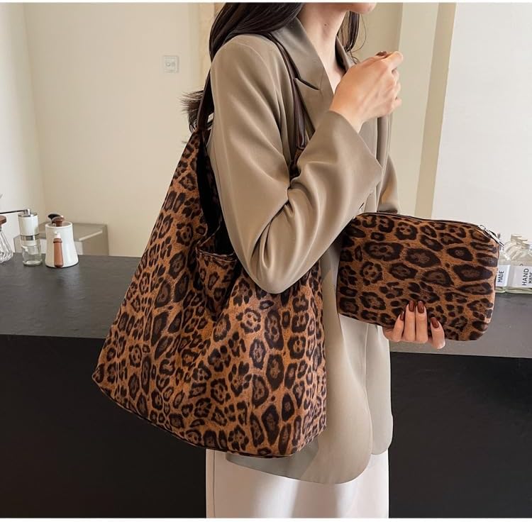 Leopard Print Tote Bag with Leopard Purse | Large Capacity Durable Faux Suede Shoulder Bag for Women, Travel, Shopping & Daily Use - Image 2
