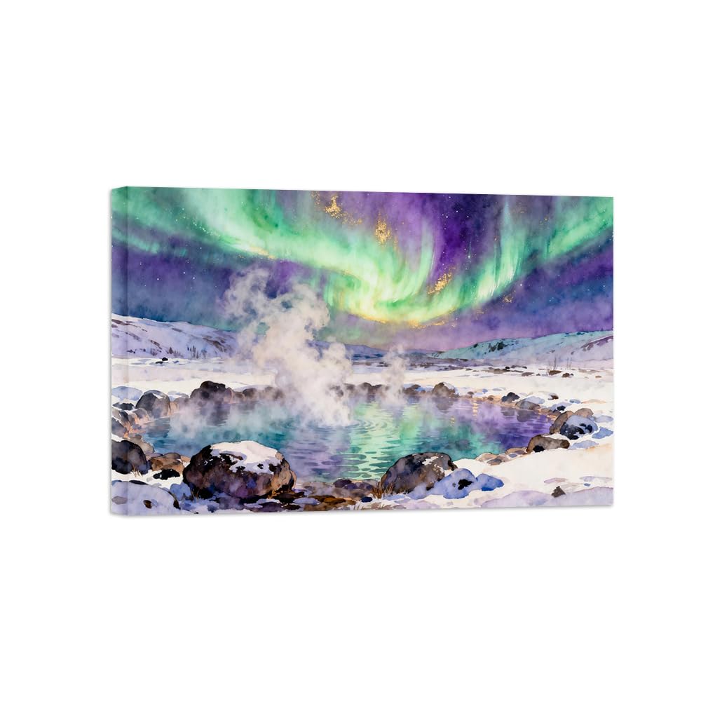 OZPWBVY Winter Aurora Lake Landscape Canvas Prints Ready to Hang 70x105cm Wrapped Canvas