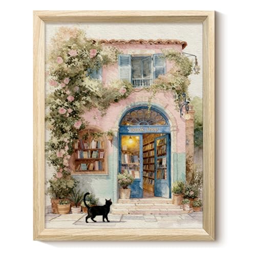 VIYYIEA Bookshop Watercolor Wooden Framed Wall Art, Black Cat Vintage Floral Storefront Canvas Print with Premium Deep Frame, Cozy Home Decor for Living Room Bedroom Reading Nook, 11x14 Inch