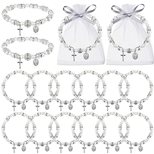 Rosary Bracelet Bulk with Mesh Bags, White Religious Rosary Bead Bracelet Catholic Bracelets, Baptism First Communion Gifts for Women