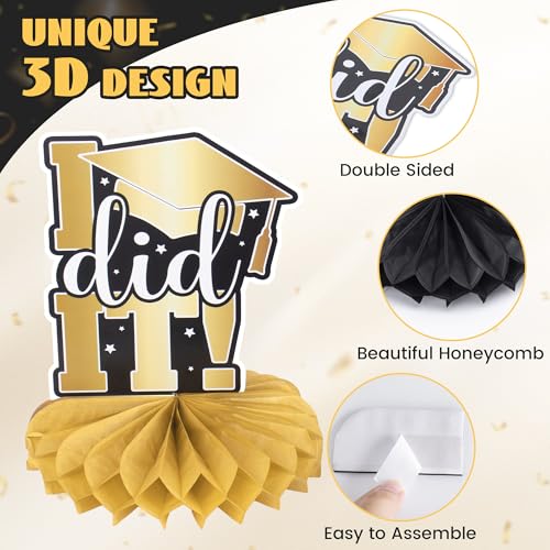 Image of Graduation Party Decorations Class of 2025 Honeycomb Centerpieces Congrats Grad Black Gold Table Toppers(9 PCS)