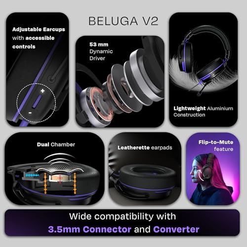 Kreo Beluga V2 Wired Gaming Headset, 50mm Oraphene Drivers, Duel Chamber, Flip to Mute Mic, Memory Foam Earpads, Lightweight Aluminum Huikt, PC,... - Image 2