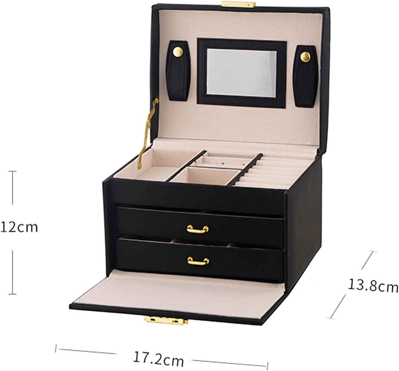 Organizer na Biżuterię 3-warstwowe Pudełko Na Biżuterię PU Skórzany Organizer Z Zamkiem I Lustrem Etui Pierścionki Kolczyki Naszyjnik Etui do Przechowywania(Black)