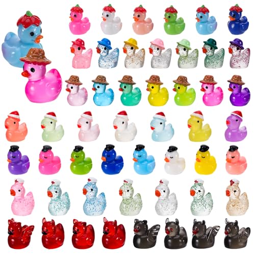 GGSTDDUP 50 Pcs Mini Resin Ducks Different Mini Luminous Ducks with Hat Miniature Animal Figurines for DIY Cake Decoration Ornaments Crafts Moss Landscape