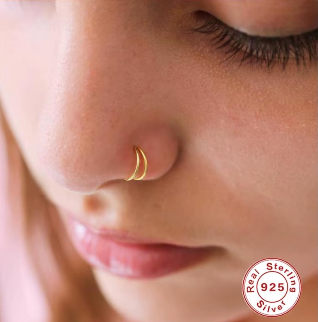 925 Sterling Silver 18K Gold Plated Double Hoop Nose Ring | Earring for Single Piercing Dainty Elegant Loop Snug Eye Catching Jewelry 22G 8mm