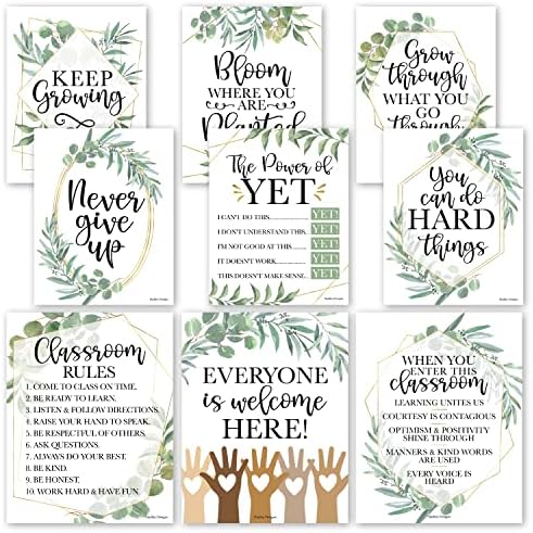 Hadley Designs 9 Eucalyptus Classroom Decor Signs, Welcome Sign For Bulletin Board Decorations, Growth Mindset Classroom Posters Elementary, Middle School Classroom Rule