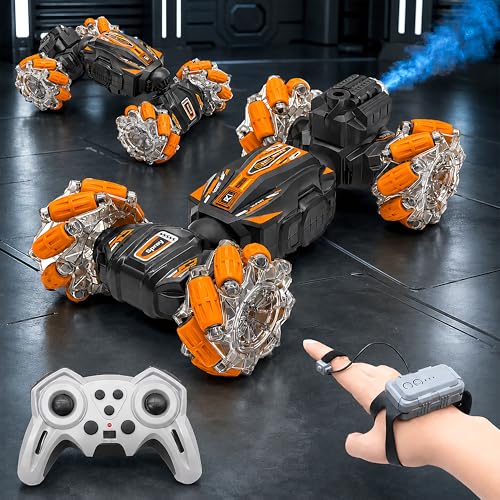 Image of VGRASSP Dual Control Twisting Drift Stunt Mist Car Toy for Kids with Remote Control and Gesture Wrist Controller - Rechargeable 360 Rotating Smoke RC Car Toy with LED Lights, Sound Effects - Orange