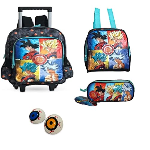 Kit Mochila Rodas Estojo e Lancheira Dragon Ball Brinde 2 Anti Estress Olho Splash Gel
