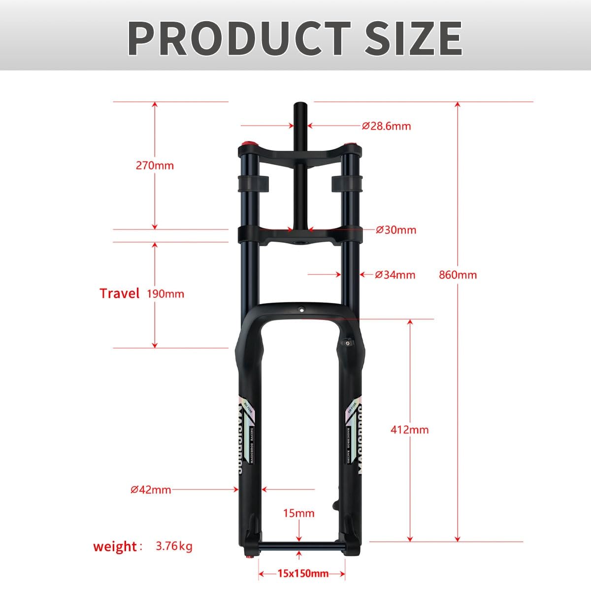 Forcella Ammortizzata per Bici 26" 5.0 Pneumatico Forcella Fat Bike 1-1/8" Freno a Disco Dritto Bici elettrica Forcella ad Aria Escursione 190mm Perno Passante 15 * 150mm Forcella