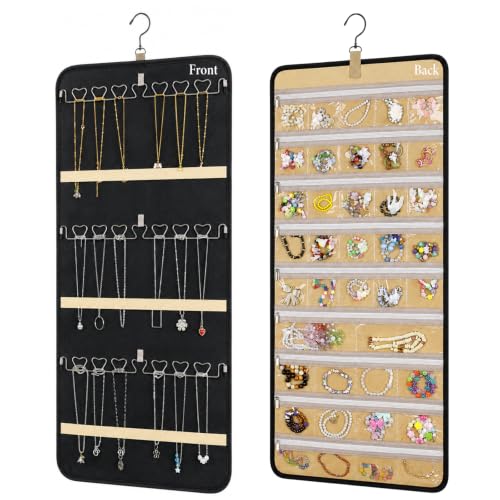 2 Pack Hanging Jewelry Organizer Storage with Zipper Pockets and Hooks