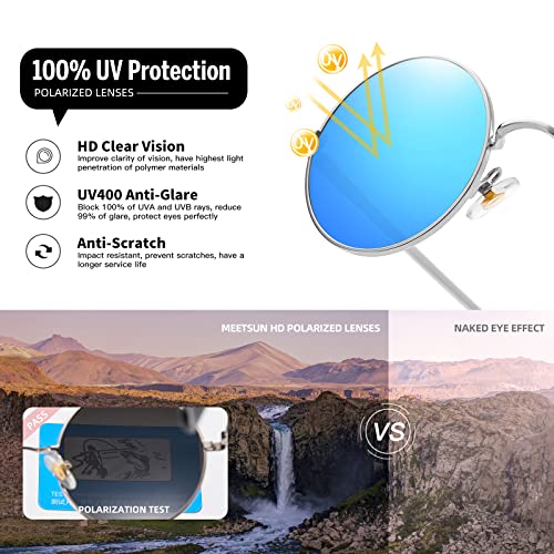 Image of MEETSUN Small Round Polarized Sunglasses for Men Women UV400 Metal Frame | Retro hippie circle sun glasses, for driving costume, party accessories, lightweight, stress-free fit, spring hinges