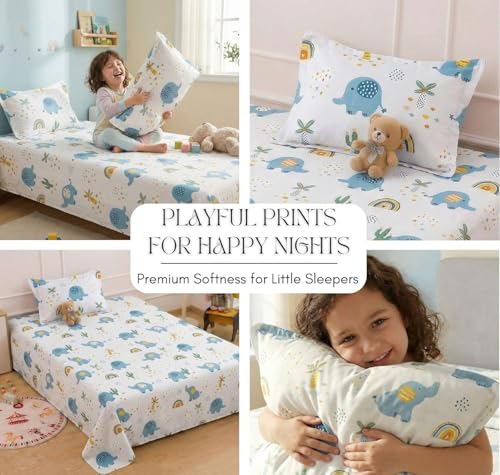 Image of RD FABS Glace Cotton Wrinkle Free Soft Hypoallergenic Single Bed Sheet with 1 Pillow Cover | Cartoon Printed Elephant Design for Boys & Girls Room | 60x90 Inches Grey | 144 TC