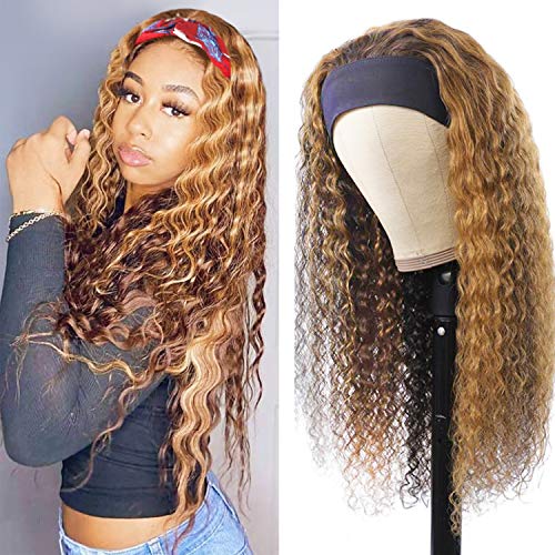 Highlights Ombre Deep Wave Headband Wigs Human Hair 12A Human Hair P4/27 Piano Color None Lace Front Wigs 22Inch Natural Curly with Headband Brazilian Virgin Human Hair 220% Density